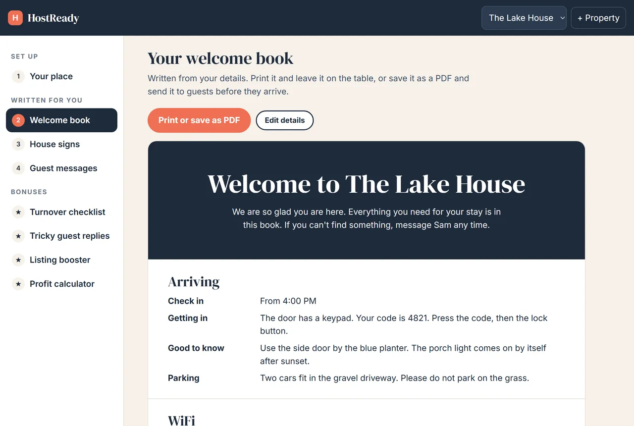 HostReady app showing a finished welcome book for The Lake House