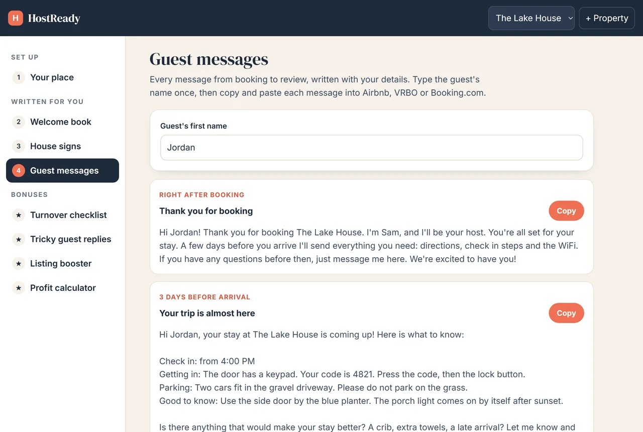 Ten guest messages with copy buttons in HostReady