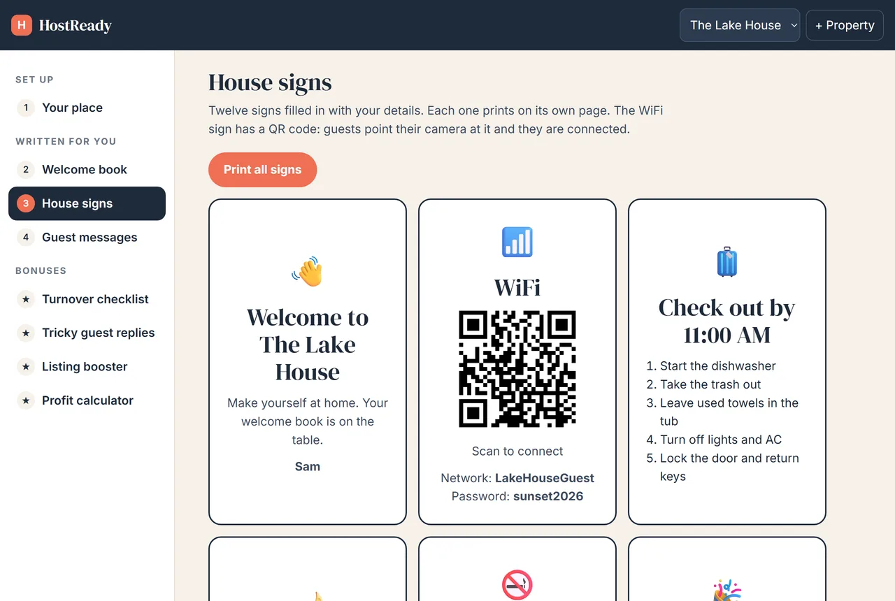 Twelve printable house signs in HostReady