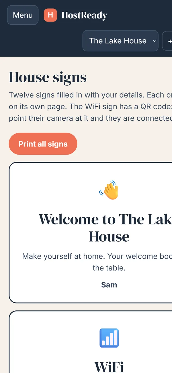 HostReady on a phone showing printable house signs with a WiFi QR code