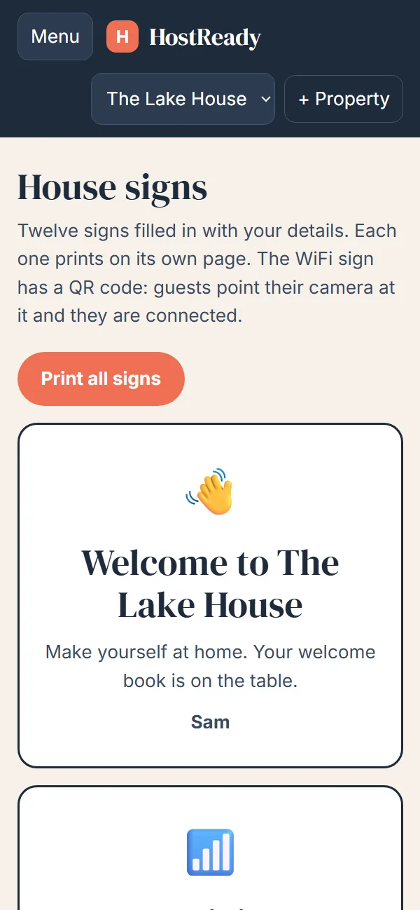 HostReady on a phone showing printable house signs with a WiFi QR code